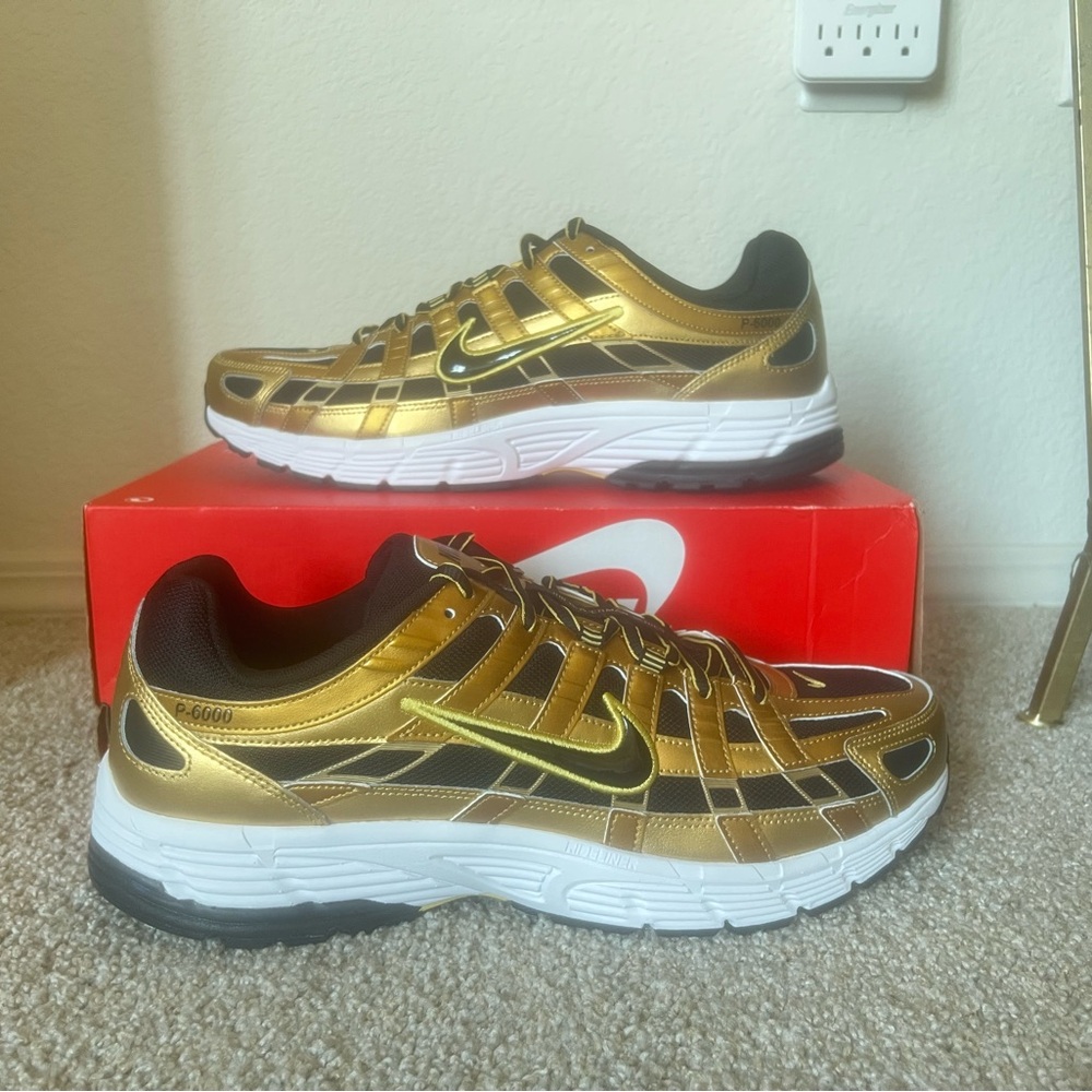 Nike P-6000 Gold and Black running shoes Sneakers size 14